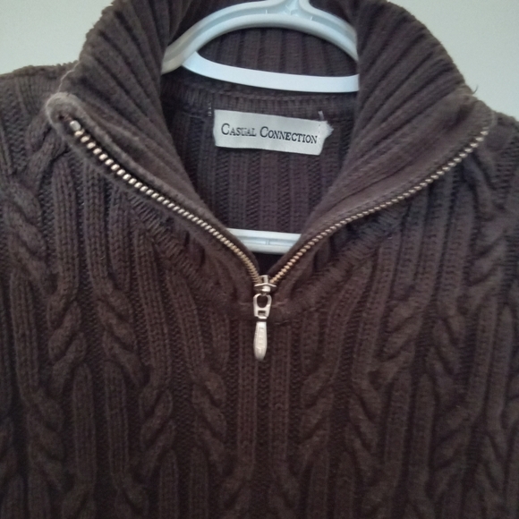 Chocolate Brown Zip Front Pullover Cableknit Sweater - Picture 3 of 13